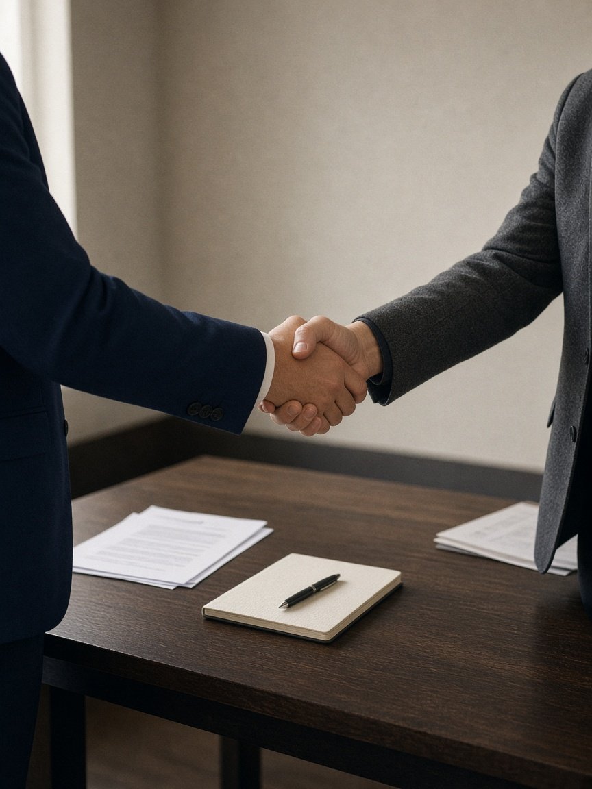 Reunión de trabajo: un apretón de manos sobre la mesa.